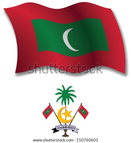 maldives shadowed textured wavy flag and coat of arms against white background, vector art illustration, image contains transparency transparency