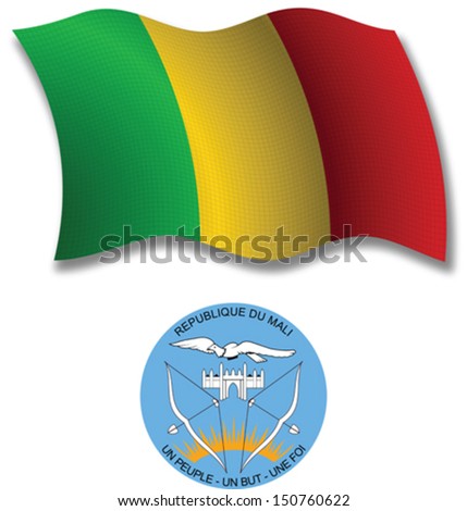 mali shadowed textured wavy flag and coat of arms against white background, vector art illustration, image contains transparency transparency
