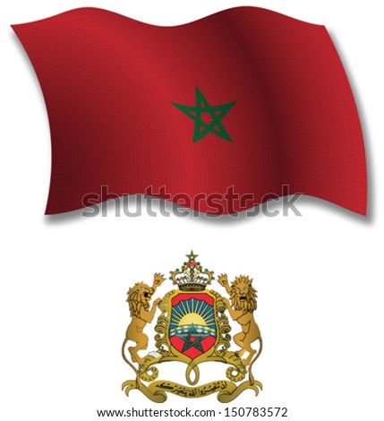 morocco shadowed textured wavy flag and coat of arms against white background, vector art illustration, image contains transparency transparency
