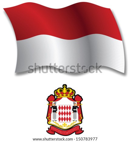 monaco shadowed textured wavy flag and coat of arms against white background, vector art illustration, image contains transparency transparency