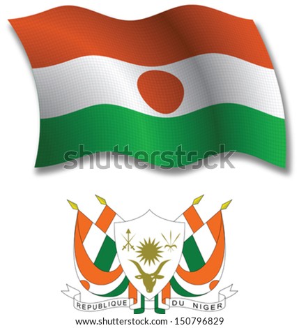 niger shadowed textured wavy flag and coat of arms against white background, vector art illustration, image contains transparency transparency