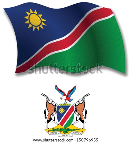 namibia shadowed textured wavy flag and coat of arms against white background, vector art illustration, image contains transparency transparency