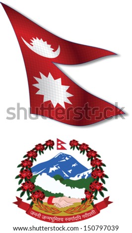 nepal shadowed textured wavy flag and coat of arms against white background, vector art illustration, image contains transparency transparency