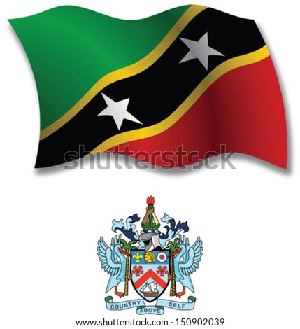 saint kitts and nevis shadowed textured wavy flag and coat of arms against white background, vector art illustration, image contains transparency transparency