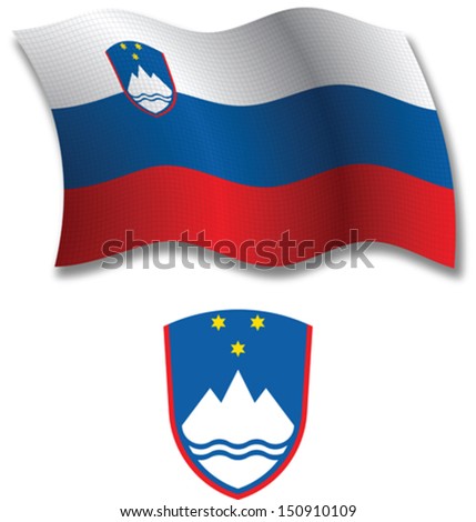 slovenia shadowed textured wavy flag and coat of arms against white background, vector art illustration, image contains transparency transparency