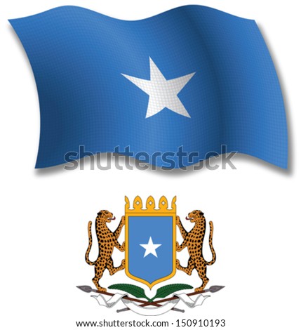 somalia shadowed textured wavy flag and coat of arms against white background, vector art illustration, image contains transparency transparency