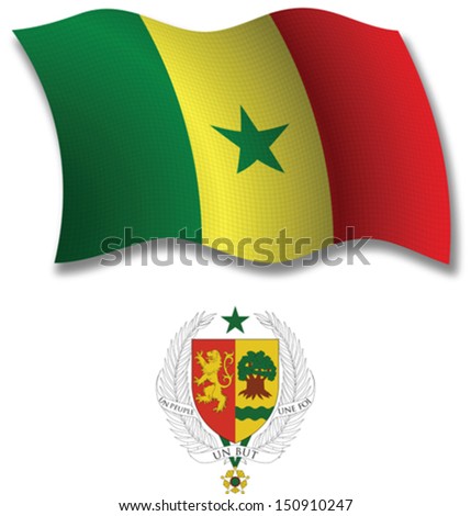 senegal shadowed textured wavy flag and coat of arms against white background, vector art illustration, image contains transparency transparency