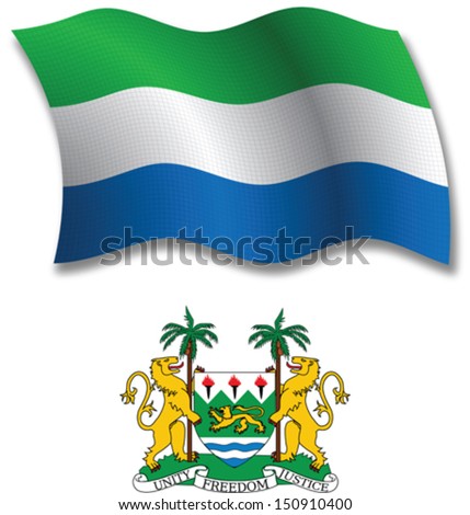 sierra leone shadowed textured wavy flag and coat of arms against white background, vector art illustration, image contains transparency transparency