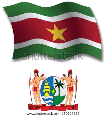 suriname shadowed textured wavy flag and coat of arms against white background, vector art illustration, image contains transparency transparency