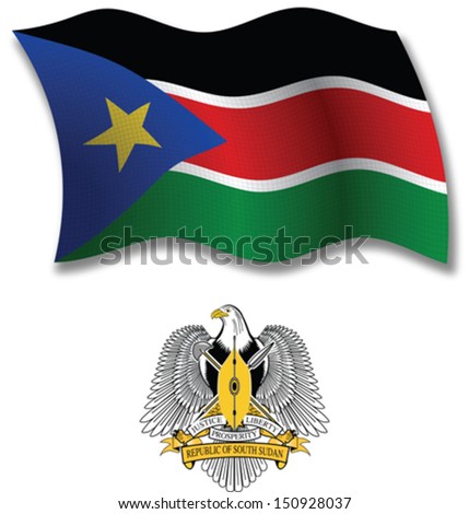 south sudan shadowed textured wavy flag and coat of arms against white background, vector art illustration, image contains transparency transparency