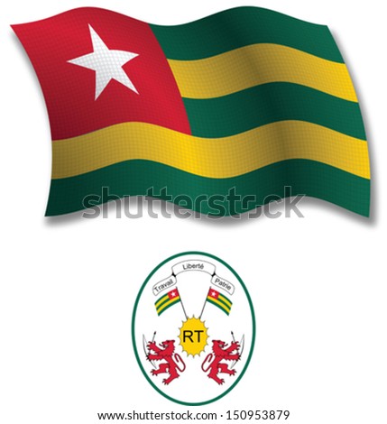 togo shadowed textured wavy flag and coat of arms against white background, vector art illustration, image contains transparency transparency