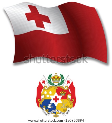 tonga shadowed textured wavy flag and coat of arms against white background, vector art illustration, image contains transparency transparency