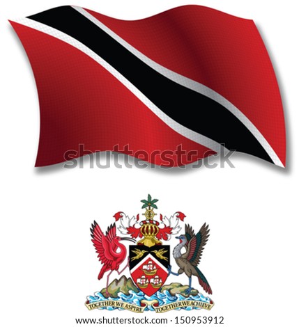 trinidad and tobago shadowed textured wavy flag and coat of arms against white background, vector art illustration, image contains transparency transparency