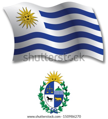 uruguay shadowed textured wavy flag and coat of arms against white background, vector art illustration, image contains transparency transparency