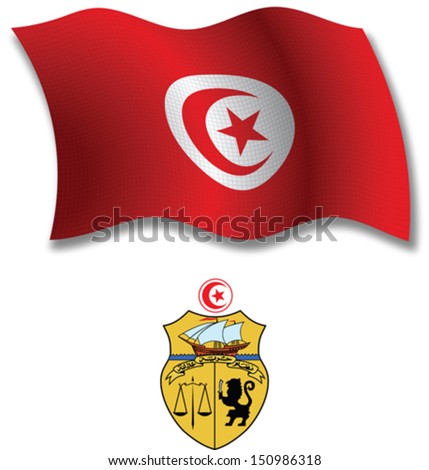 tunisia shadowed textured wavy flag and coat of arms against white background, vector art illustration, image contains transparency transparency