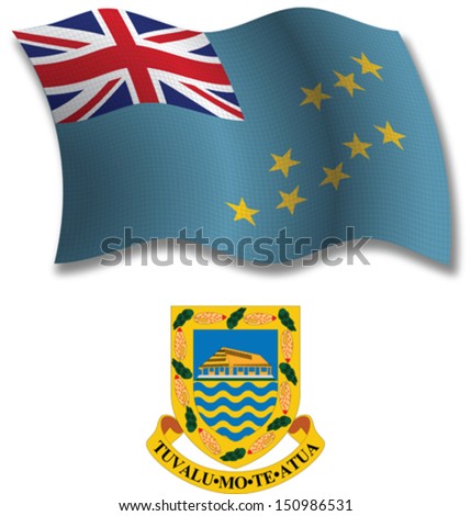 tuvalu shadowed textured wavy flag and coat of arms against white background, vector art illustration, image contains transparency transparency