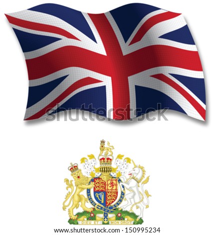 united kingdom shadowed textured wavy flag and coat of arms against white background, vector art illustration, image contains transparency transparency