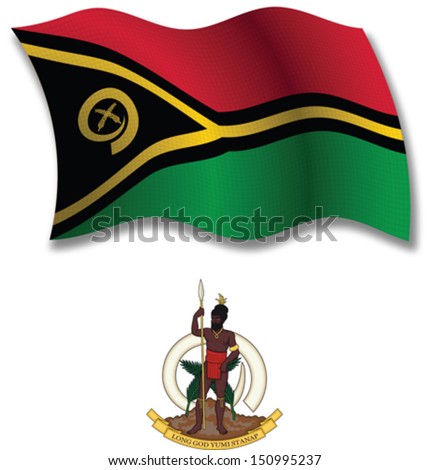 vanuatu shadowed textured wavy flag and coat of arms against white background, vector art illustration, image contains transparency transparency