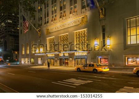 NEW YORK CITY - SEPTEMBER 2nd: The Waldorf Astoria hotel on Park Avenue is considered one of the first grand hotels and a landmark in New York City on September  2, 2013 in Manhattan, New York City.