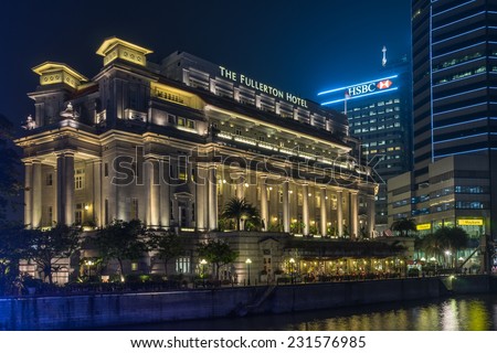 SINGAPORE - NOV 1 : Singapore riverside on November 1st, 2014 in Singapore.The Fullerton Building was named after Robert Fullerton, the first Governor of the Straits Settlements (1826-1829)