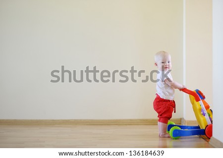 Cute smiling baby girl with toy walker