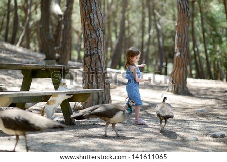 Adorable little girl feeding peacocks and cats