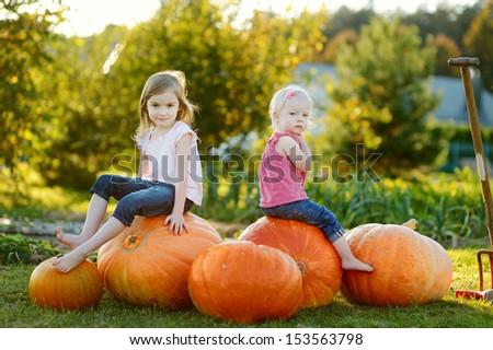 Two little sisters sitting on a huge pumpkins on a pumpkin patch