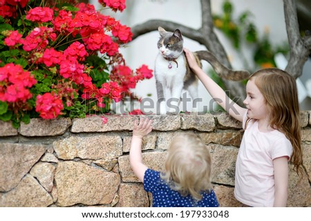 Two cute little sisters and a cat outdoors