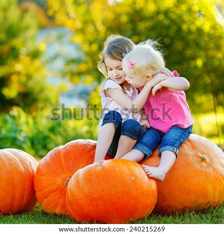Two little sisters sitting on huge pumpkins on a pumpkin patch