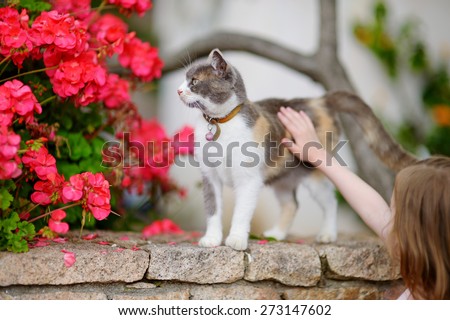 Cute little girl and a cat outdoors on hot summer day in Italy