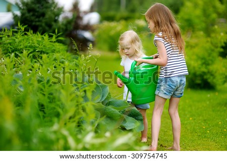 Two adorable happy little girls watering plants and flowers in the garden on warm and sunny summer day