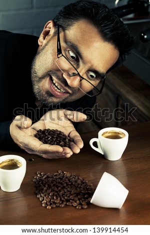 COFFEE SOMMELIER IN A FUNNY POSE, OVER PROCESSED TO EXAGGERATE THE CRAZY POSE