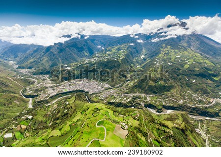 mountain town from aerial shot of banos de agua santa claus nne to sww tungurahua volcano in the scene and pastaza waterway in foreground mountain town from volcanoe building canyon vacation nature ac Stock fotó © 
