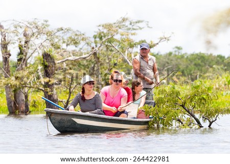 TOURISTS FISHING LEGENDARY PIRANHA FISH IN ECUADORIAN AMAZONIAN PRIMARY JUNGLE