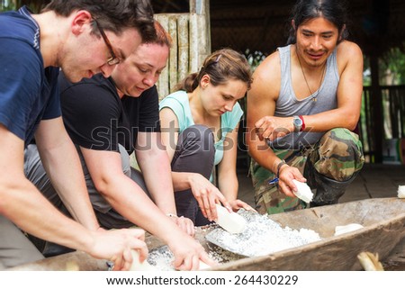 TOURIST PREPARING CASSAVA PIE, CASSAVA ROOTS ARE GRINDED USING TRADITIONAL INDIGENOUS TOOLS
