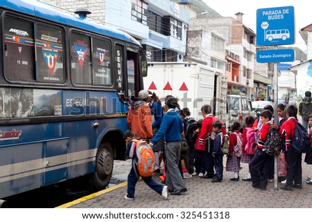 Banos De Agua Santa, Ecuador - 12 August 2012: Group Of Young Children Waiting For The Old Bus That Will Take Them Home In Banos De Agua Santa On August 12, 2012