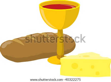 Clip Art Illustration Of A Cup Of Wine, A Loaf Of Bread And Some Cheese ...