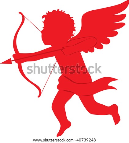 clip art illustration of a red silhouette of cupid shooting an arrow.
