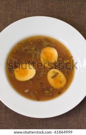 Japanese vegetarian soup made from eggs, mushrooms, tofu and leek