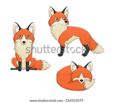 A set of 3 illustrations depicting depicting a cute red fox cartoon in various poses. Eps 8 Vector.