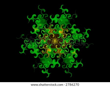 Leaf Star - Abstract Gold and Green Fractal Isolated on Black Background