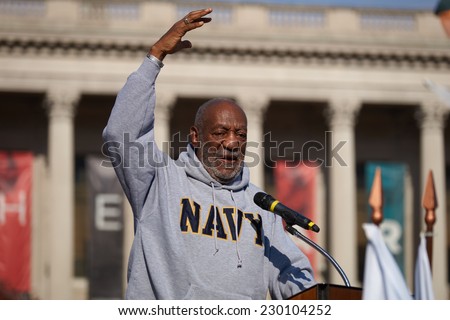 PHILADELPHIA - NOVEMBER 11: Bill Cosby speaks to a crowd of people celebrating veterans day on November 11, 2014 in Philadelphia.