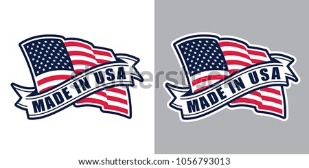 Made in USA (United States of America). Composition with American flag and ribbon for badge, label, pin, etc. Variants for light and dark backgrounds.