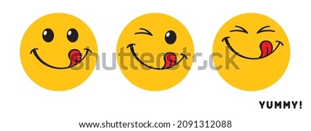 Yummy smile emoticons, happy smiling faces while tasting delicious food. Cartoon style vector illustrations, isolated on white.