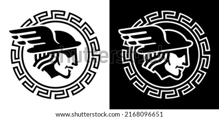 Hermes - mythic God of commerce and good luck, the protector of travelers and merchants. Stylized vector illustration with traditional Greek ornamental border. Isolated on white and dark backgrounds.