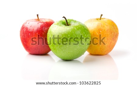 Fresh Green, Yellow and Red Apples with Dewdrops Isolated on White Background