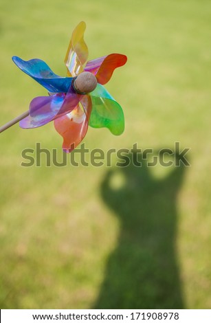 colorful wind rose (pinwheel) and shadow of a person on grass