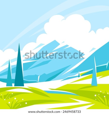 Spring highland, mountain landscape with waterfall