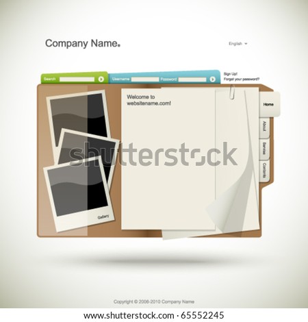 Website design template, folder with papers and photo cards