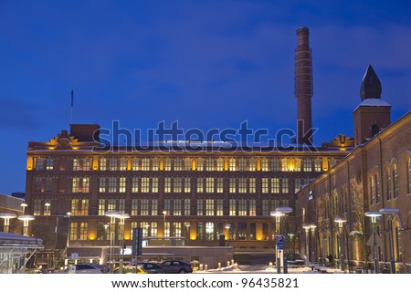 Old industrial estate at night in winter of Tampere city, Finland